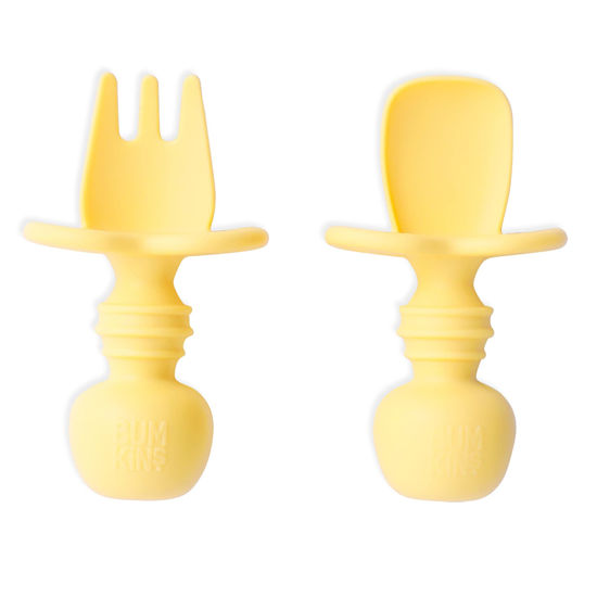 Picture of Bumkins Baby Utensils Set, Chewtensils Silicone Spoons for Dipping, Self-Feeding, Baby Led Weaning, Trainer Learning, First Stage Eating, Soft Practice Fork and Spoon, Babies 6 Months, Pineapple