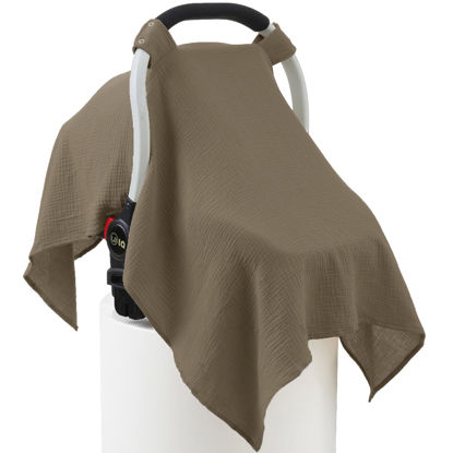 Picture of 100% Muslin Cotton Car Seat Cover Baby, Carseat Canopy Cover, Universal Fit Stroller Covers for Boys and Girls (Coffee)