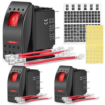 Picture of Nilight 3 Pack Rocker Switches with Night Glow DIY Stickers On Off 5 PIN SPST LED Light Switches with Red Backlit 12V/24V Toggle Switches for Cars Trucks RVs Boats Auto Motorcycles