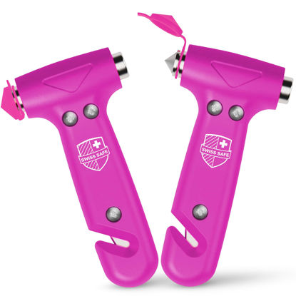 Picture of Swiss Safe Durable 5-1 Car Safety Hammer Car Window Breaker Breaker Tool w/Seatbelt Cutter - Emergency Escape Glass Hammer for Car - Truck, Car Safety Essentials & Accessories - Pink, 2 Pack