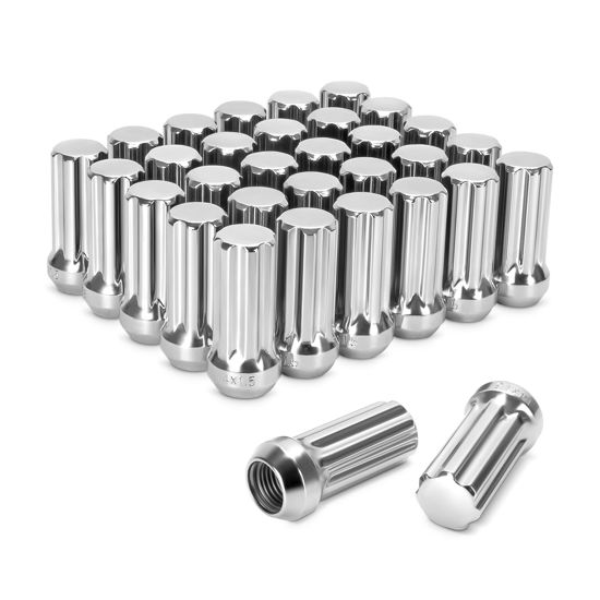 Picture of DYNOFIT 14mmx1.5 Wheel Lug Nuts, 32x Chrome M14x1.5 Lug Nut,Conical/Cone Bulge Seat, Closed End Long Extended XL Spline with 1 Socket Key Fits 8 Lug Aftermarket Wheels