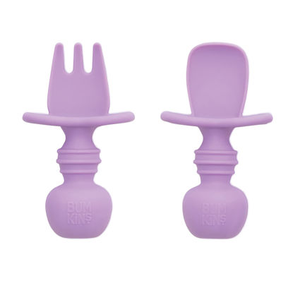 Picture of Bumkins Baby Utensils Set, Chewtensils Silicone Spoons for Dipping, Self-Feeding, Baby Led Weaning, Trainer Learning, First Stage Eating, Soft Practice Fork and Spoon, Babies 6 Months, Lavender