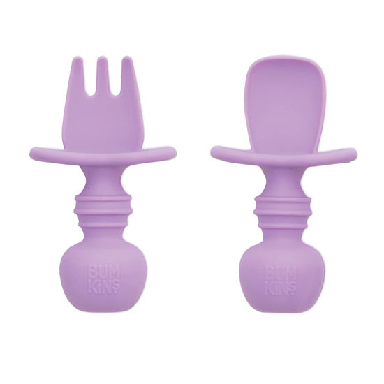 Picture of Bumkins Baby Utensils Set, Chewtensils Silicone Spoons for Dipping, Self-Feeding, Baby Led Weaning, Trainer Learning, First Stage Eating, Soft Practice Fork and Spoon, Babies 6 Months, Lavender