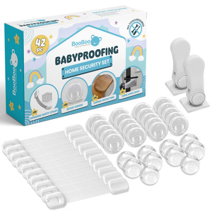 Picture of Booboo (42 Pack) Child Safety Baby Proofing Kit | x10 Cabinet Drawer Locks, x10 Corner Guards, x20 Outlet Covers, x2 Door Lever Lock | Baby Proof Your Home & Kitchen with No Trapped Fingers