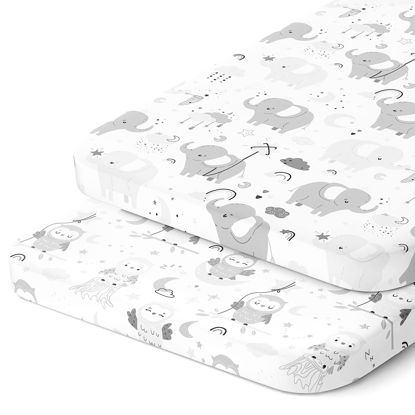 Picture of Cradle Sheets Fitted 18 x 36 Inch - Snuggly Soft 100% Jersey Cotton - Grey Elephants, Owls, Stars, Clouds, Moons for Baby Boy and Girl - 2 Pack