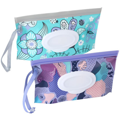 Picture of FEBSNOW 2 Pack Baby Wipe Dispenser, Reusable Portable Wipe Holder, Baby Wipes Container, Travel Baby Wipes, Refillable Wet Wipe Pouch (Floral)