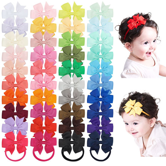 Picture of jollybows 40pcs Baby Girls Grosgrain Ribbon Hair Bows Headbands 3" Hair Band Hair Accessories for Infants Newborn Toddler
