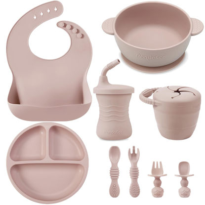 Picture of PandaEar Silicone Baby Feeding Set | 9PCS Baby Led Weaning Supplies Self Feeding Utensils | Divided Suction Plate Bowl Bibs Sippy Cup with Baby Snack Container Spoons Forks (Pink)