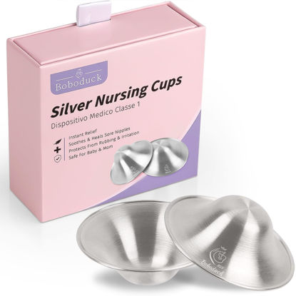 Picture of Boboduck The Original Silver Nursing Cups - Nipple Shields for Nursing Newborn, Newborn Breastfeeding Essentials Must Haves for Soothe and Protect Your Nursing Nipples - 925 Silver (X-L Size)