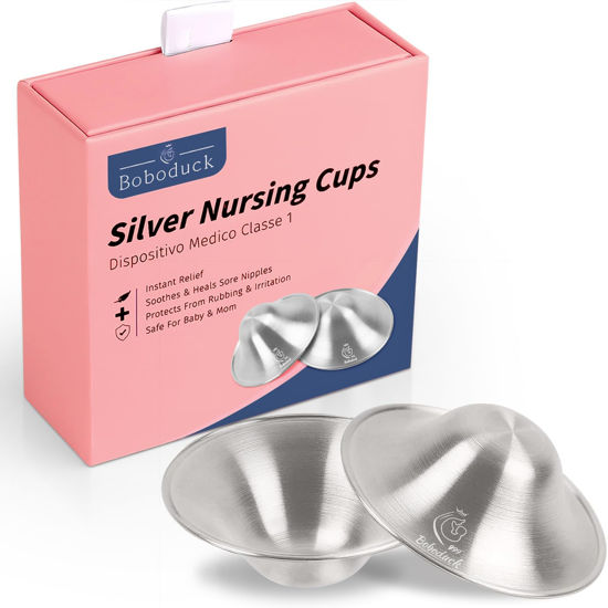 Picture of Boboduck The Original Silver Nursing Cups - Nipple Shields for Nursing Newborn, Newborn Breastfeeding Must Haves for Soothe and Protect Your Nursing Nipples - Trilaminate 999 Silver (X-L Size)