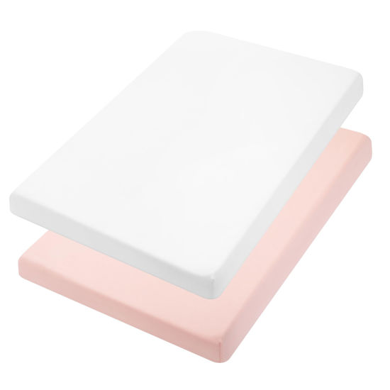 Picture of TILLYOU Mini Crib Fitted Sheets - Soft Knit Sheet for Pack N Play, Microfiber Mini Crib Sheets, Playpen Bedding Sheet for Baby 2 Pack, Machine Washable, White & Peachy Pink