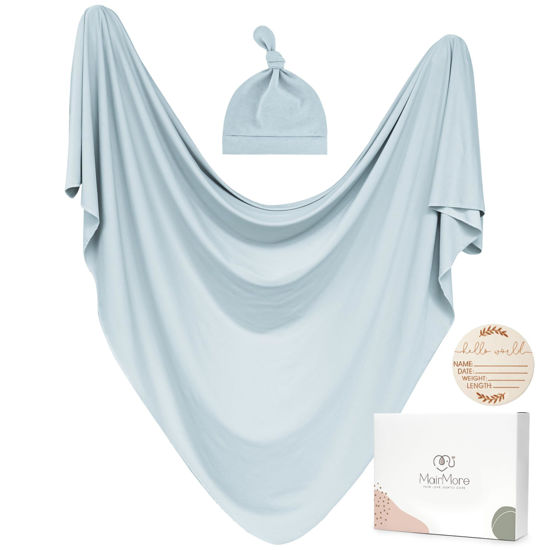 Picture of MairMore Baby Swaddle Receiving Blankets with Matching Beanie Set Newborn Nursery Swaddle Wrap for Baby Girls and Boys (Blue)