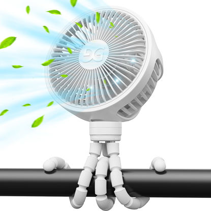 Picture of GUSGU Stroller Fan Clip on for Baby, Flexible Tripod & Rechargeable Battery, Small Personal Fan, Mini Portable Fan for Travel, Handheld, Car (White)