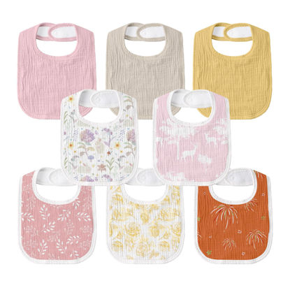 Picture of GLLQUEN BABY Muslin Drool Bibs for Boys Girls 8 Pack, Adjustable Baby Bibs for Drooling and Teething, Soft Cotton Baby Bandana Bibs for Newborn Feeding Essentials(Flower)