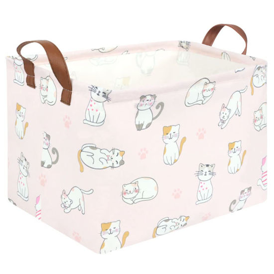 Picture of FXOLCSHE Rectangular Pink Cat Baskets,Cute Kids Toy Storage Basket Bin,Pink Gift Organizer,Toys Box,Toy Organizer,Baby Nursery,Empty Rectangular Cat Room Decor(Pink Cats)