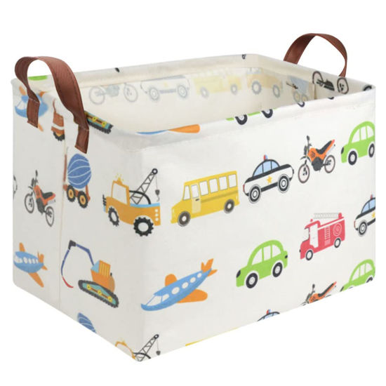 Picture of FXOLCSHE Rectangular Car basket,Car toy storage box,Collapsible Car Storage basket for boys,Waterproof PE Coating Storage,bedroom decor,Nursery hamper,Toy Organizer,Gift Basket(Vehicles)