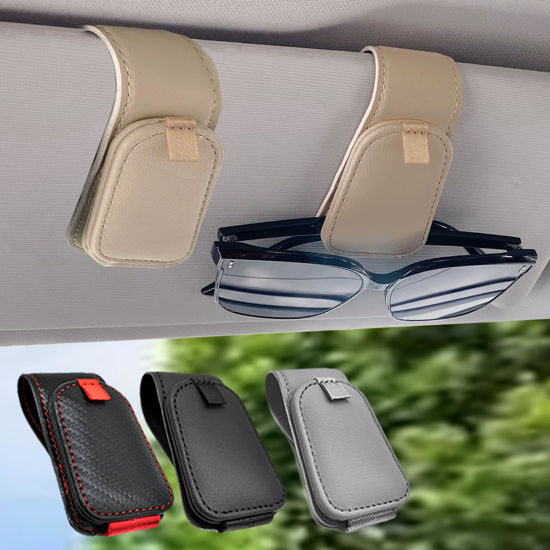 Picture of Teoenix Sunglass Holder for Car, 2 Pack Car Sunglass Holder Visor Clip Magnetic Leather Sun Glasses Eyeglass Hanger, Beige, Fit for Different Size Eyeglasses