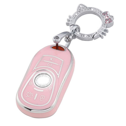 Picture of Pangpai Pink Key Fob Cover for Buick, Soft TPU Key Case Protection with Bling Keychain Fit for Buick Encore Enclave Lacrosse Envision Verano Regal GL8 5 Buttons Smart Key