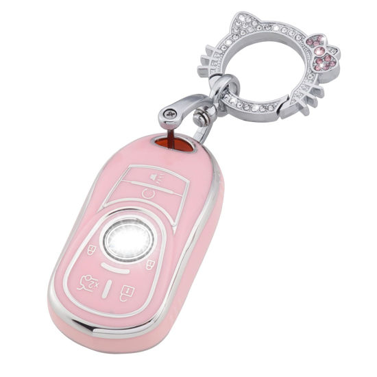 Picture of Pangpai Pink Key Fob Cover for Buick, Soft TPU Key Case Protection with Bling Keychain Fit for Buick Encore Enclave Lacrosse Envision Verano Regal GL8 5 Buttons Smart Key