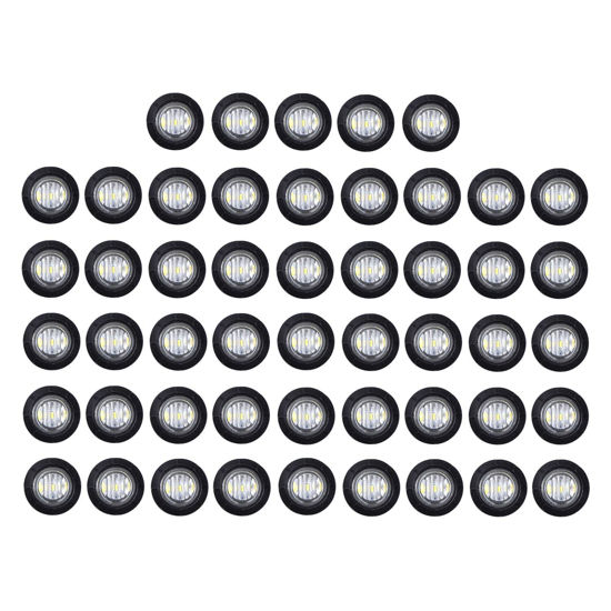 Picture of TMH 50 Pcs 3/4 Inch White Light 3 LED Clearance Markers Side Marker Indicator Lights Mini Round Front Rear 3 LED with Rubber for Truck Trailer Car Bus 12V DC