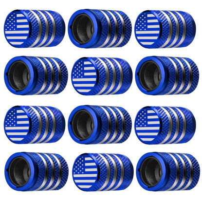 Picture of Tire Valve Stem Cap Cover - (12 Pack) Tire Air Cap Metal with Plastic Liner Corrosion Resistant Leak-Proof American Flag for Car Truck Motorcycle Bike Blue