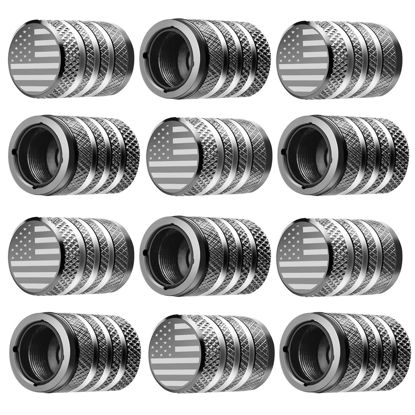 Picture of Tire Valve Stem Cap Cover - (12 Pack) Tire Air Cap Metal with Plastic Liner Corrosion Resistant Leak-Proof American Flag for Car Truck Motorcycle Bike Grey