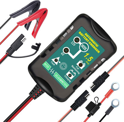 Picture of 12V / 6V Battery Trickle Charger Maintainer, 1.5A Automatic Smart Float Charger Battery Tender Charger for Motorcycle Lawn Mower Car Boat Tractor ATV, SLA VRLA Gel Cell AGM Lead Acid Batteries
