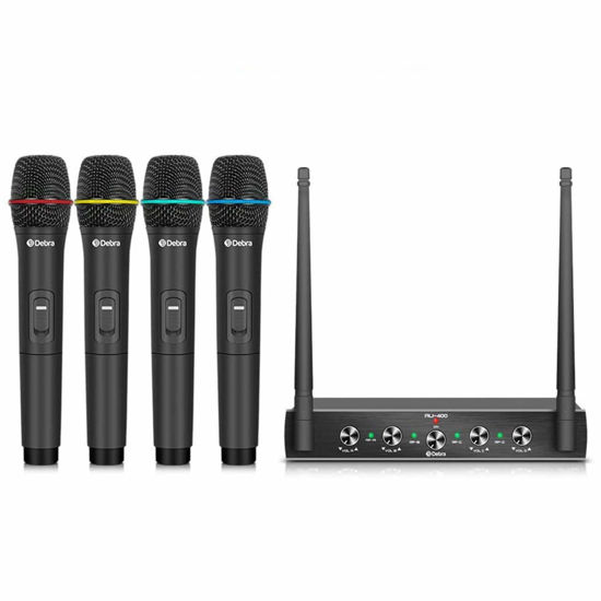Picture of Debra Audio Pro UHF 4 Channel Wireless Microphone System with Cordless Handheld Lavalier Headset Mics, Metal Receiver, Ideal for Karaoke Church Party (with 4 Handheld (B))