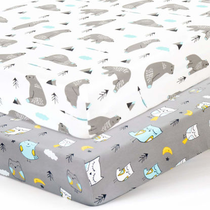 Picture of BROLEX Baby Fitted Crib Sheets: Kid Crib Sheets - Set of 2 for Toddler Standard Size Crib Mattress for Boys and Girls - Jersey Knit Crib Bed Sheets Owl Bear