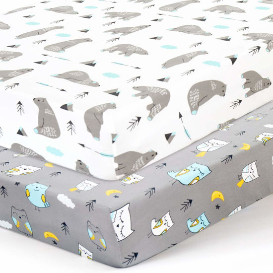 Picture of BROLEX Baby Fitted Crib Sheets: Kid Crib Sheets - Set of 2 for Toddler Standard Size Crib Mattress for Boys and Girls - Jersey Knit Crib Bed Sheets Owl Bear
