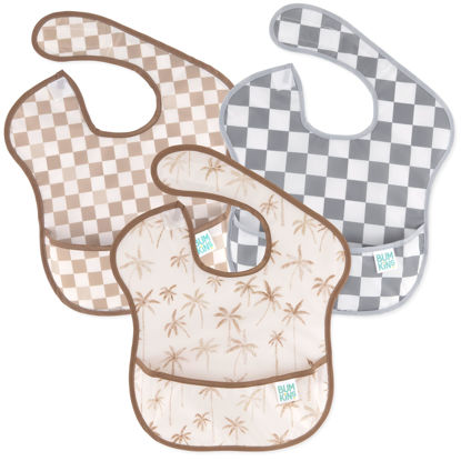 Picture of Bumkins Bibs for Girl or Boy, SuperBib Baby and Toddler for 6-24 Months, Essential Must Have for Eating, Feeding, Baby Led Weaning Supplies, Mess Saving Catch Food, 3-pk Palms and Checks