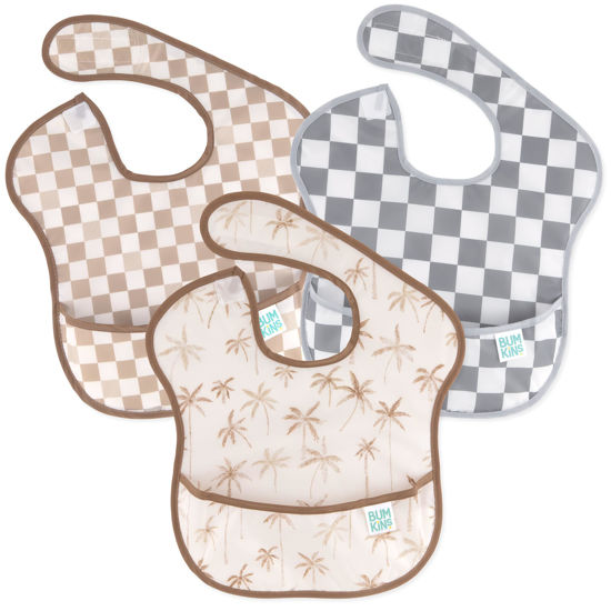 Picture of Bumkins Bibs for Girl or Boy, SuperBib Baby and Toddler for 6-24 Months, Essential Must Have for Eating, Feeding, Baby Led Weaning Supplies, Mess Saving Catch Food, 3-pk Palms and Checks