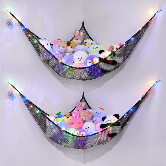 Picture of Basumee Stuffed Animals Net or Hammock with LED Light Hanging Toy Net Hammock for Stuffed Animals Storage Stuff Animals Hammocks for Nursery Kids Room with Remote Control, 8 Kinds of Lights(Pack of 2)