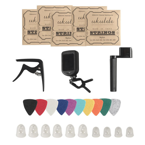 Picture of Ukulele Strings Accessories Kit, Nylon Ukelele Strings Set, Tuner, Felt Picks, Capo, Finger Protectors,String Winder for Soprano Concert Tenor Ukulele (28PCS, Black)