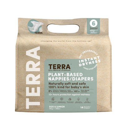 Picture of Terra Size 6 Diapers: 85% Plant-Based Diapers, Ultra-Soft & Chemical-Free for Sensitive Skin, Superior Absorbency for Day or Nighttime Diapers, Designed for Toddlers 35+ Pounds, 14 Count