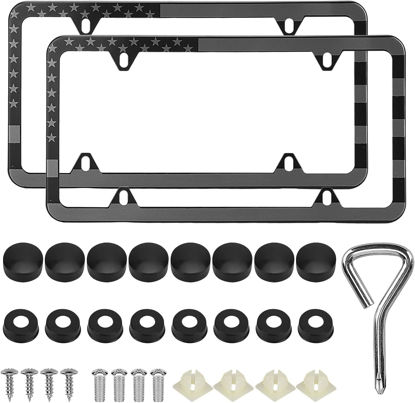 Picture of American Flag License Plate Frames, 2 Pack Black Patriotic USA Car Plate Frame, Aluminum License Plate Holder with Free Screws Fasteners Caps and Tool