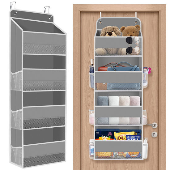 Picture of SpaceHacks 1 Pack Over The Door Organizer, Hanging Storage Organizer with Clear Window, 40lb Ultra Sturdy Large Capacity Room Organizer for Pantry Laundry Bathroom Nursery Closet Baby Essential (Grey)
