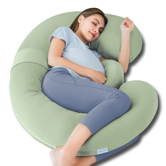 Picture of QUEEN ROSE Cooling Pregnancy Pillows - E Shaped Pregnancy Pillows for Sleeping, Detachable Body Pillow for Pregnant Side Sleeper, Cooling Silky Cotton Cover, Sage Green