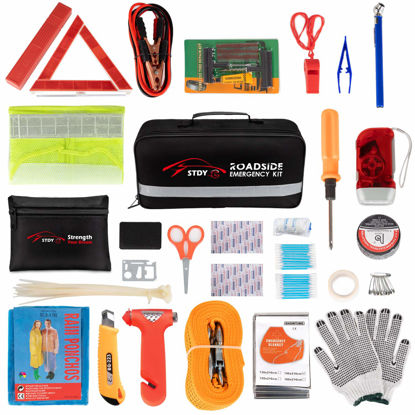 Picture of STDY Car Roadside Emergency Kit, Vehicle Truck Safety Road Side Assistance Kits Auto Accessory, with Jumper Cables, First Aid Kit, Tow Rope, Reflective Triangle, Tire Pressure Gauge, etc