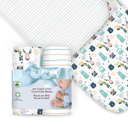 Picture of 100% Organic Cotton Fitted Travel Crib/Playard Sheets for Guava Lotus, BabyBjorn, Dream on Me, Baby Joy, Chicco, Pamo Babe and All Other 24" x 42" Pads/mattresses. 4 Safety Strap Holes. 2 Pk Boy, Girl