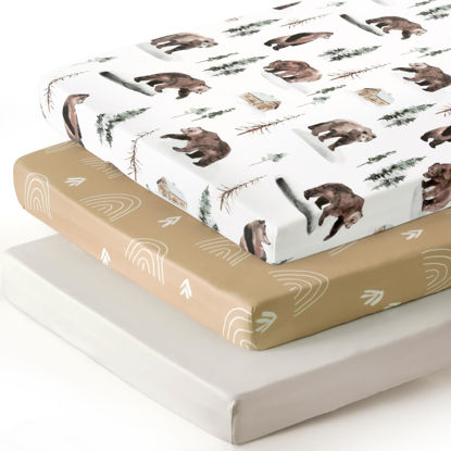 Picture of Stretchy Ultra Soft Jersey Knit Pack and Play Sheets Set 3 Pack, Portable/Mini Crib Sheets Universal Fit for Pack N Plays Safe and Snug, Cute Jungle Bear/Rainbow for Baby
