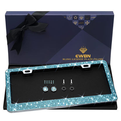 Picture of Bling Rhinestone License Plate Frame for Women，Diamond Sparkly License Plate Frames| Stainless Steel Frames & Over 1200 pcs Finest 14 Facets Glass Crystals Premium Diamond+GiftBox(Blue)