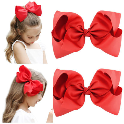 Picture of DEEKA 2 PCS 8" Big Hair Bows Hand-made Grosgrain Ribbon Solid Color Large Bows Alligator Clips Hair Accessories for Girls Set of 2 -Red