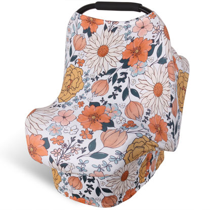 Picture of Rquite Baby Car Seat Cover, Floral Carseat Cover Girls Boy, Breathable Nursing Cover for Breastfeeding, Stretchy Infant Car Seat Cover, Multi Use Car Seat Canopy Baby Carrier Cover Stroller Covers