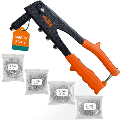 Picture of Meiwaltee Rivet gun,Professional Pop Rivet Gun Kit with 200Pcs Rivets, 3/32"-1/8"-5/32"-3/16", Heavy Hand Riveter kit Suitable for Metal work, Gutter, Automotive and other common DIY projects