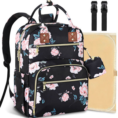 Picture of Tenot Baby Diaper Bag Backpack, Travel Diaper Bags for Baby Girl Boy Large Capacity Baby Bag Backpack for Women Black Floral