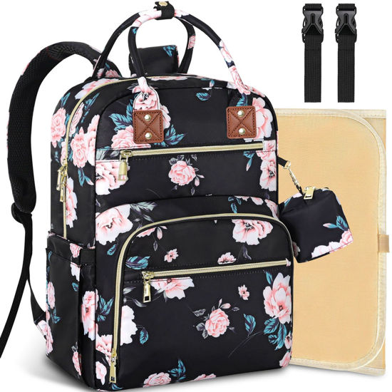 Picture of Tenot Baby Diaper Bag Backpack, Travel Diaper Bags for Baby Girl Boy Large Capacity Baby Bag Backpack for Women Black Floral