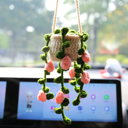 Picture of Boho Car Plant Crochet Hanging Accessories Crochet Plants for Car Rear View Mirror Cute Car Pink Plants for Women1
