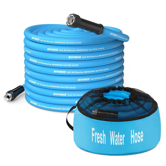 Picture of Kohree 50FT RV Water Hose with Storage Bag, 5/8'' Drinking Water Hose, No Odor, Leak Free, Heavy Duty, No Kink and Flexible Garden Hose 50 ft, Ideal RV Accessories for RV, Camper, Garden - Blue