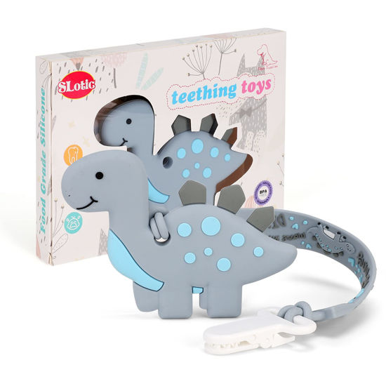 Picture of Baby Teething Toys, Dinosaur Teether Pain Relief Toy with One Piece Design Silicone Pacifier Clip Holder Set for Newborn Babies, Freezer Safe Neutral Shower Gift for Boy and Girl(Grey)